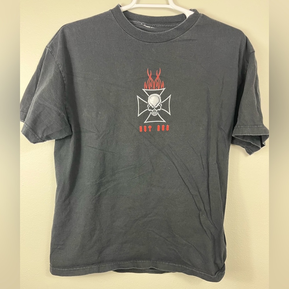 x Hot Rod Graphic Skull T Shirt Men Black Size L XL Cotton Flames Cross Casual